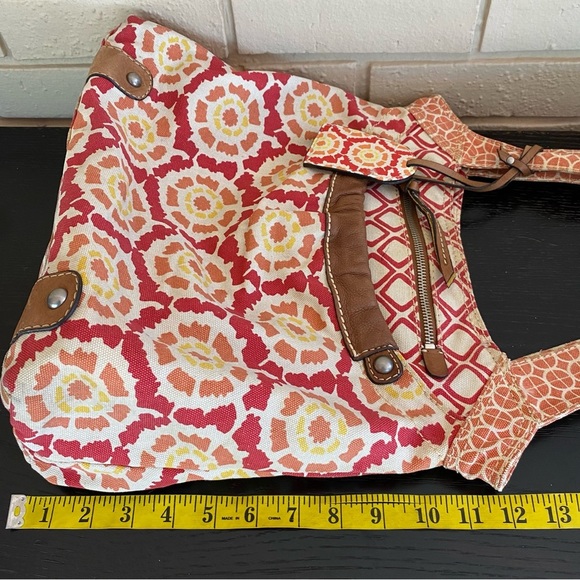 FOSSIL Vintage Leather Canvas Geometric Tote Shoulder Bag Boho Casual Key Charm - Picture 9 of 10